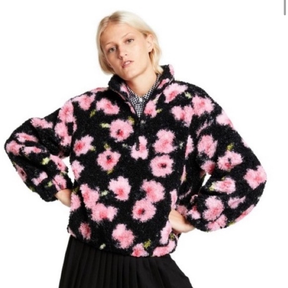 Sandy Liang x Target Floral Print Sherpa Teddy Jacket Pink/Black - Picture 2 of 3